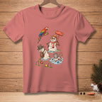 T-shirt with cartoon snowmen melting while playing croquet with a parrot.