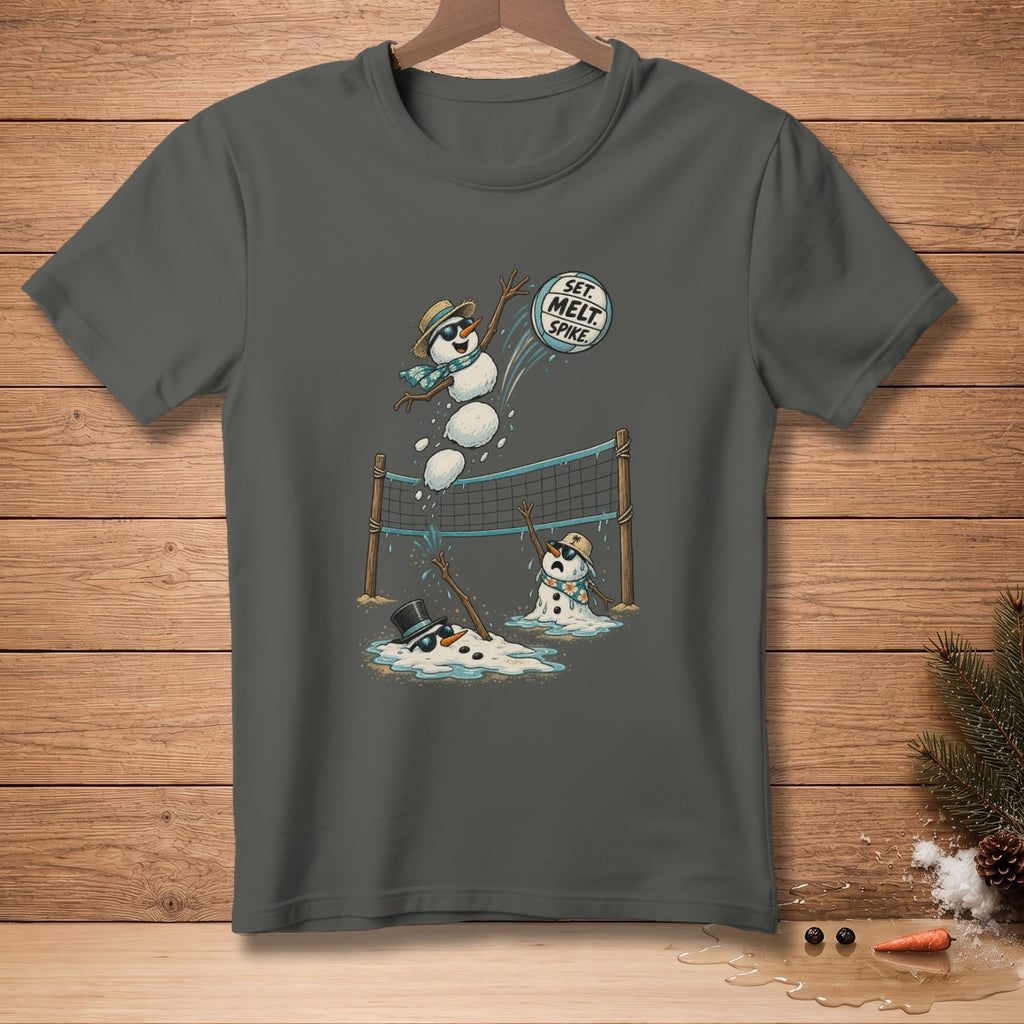 Snowmen playing volleyball with text "Set. Melt. Spike." on the ball.