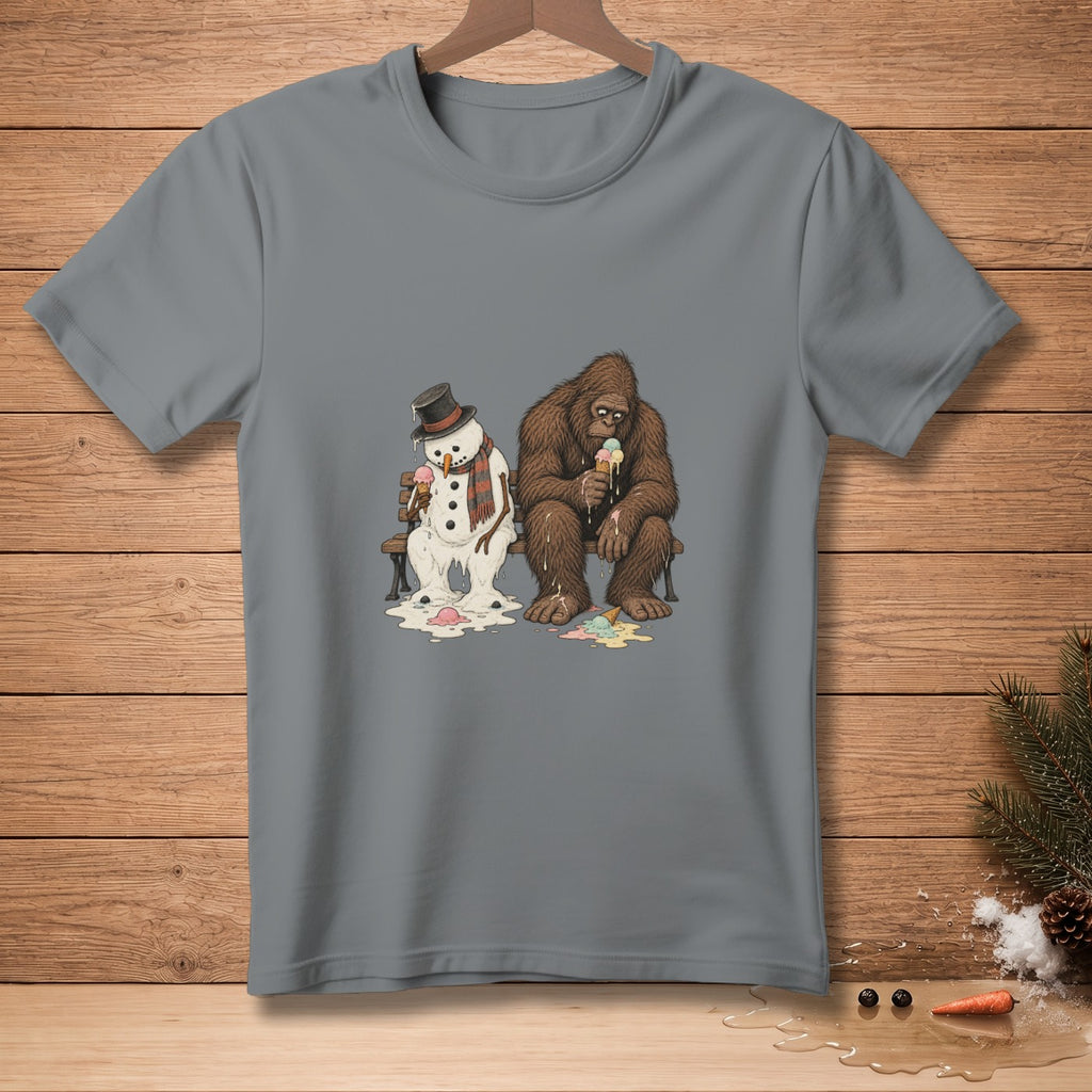 Snowman and Bigfoot sit on a bench, melting ice cream cones.