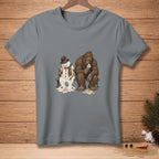 Snowman and Bigfoot sit on a bench, melting ice cream cones.
