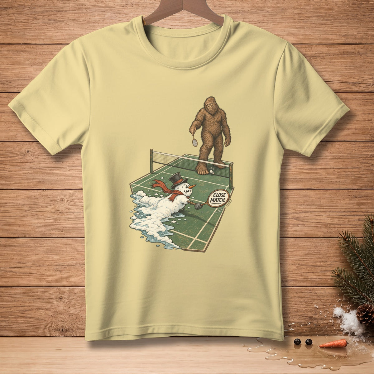 Bigfoot plays tennis against a melting snowman on a court.