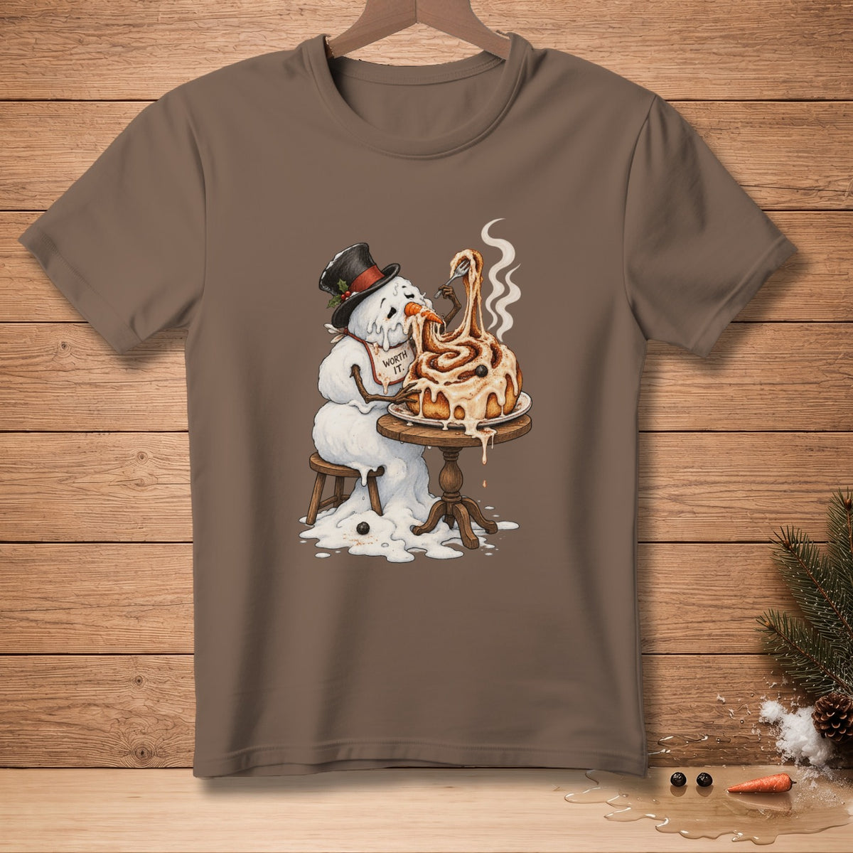 Melting snowman in top hat eats cinnamon roll with fork, "Worth It."