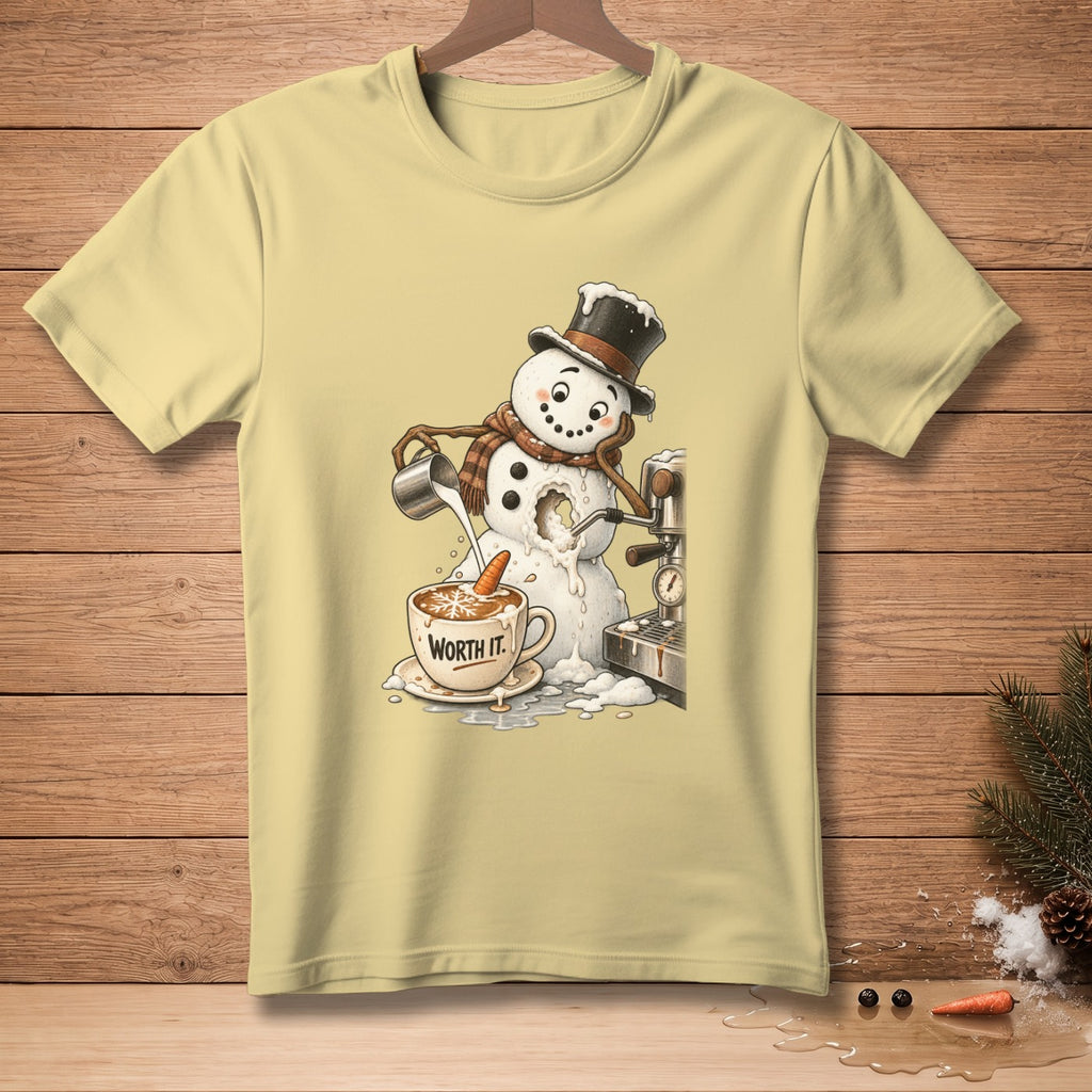 Snowman making coffee with text "WORTH IT." on t-shirt.