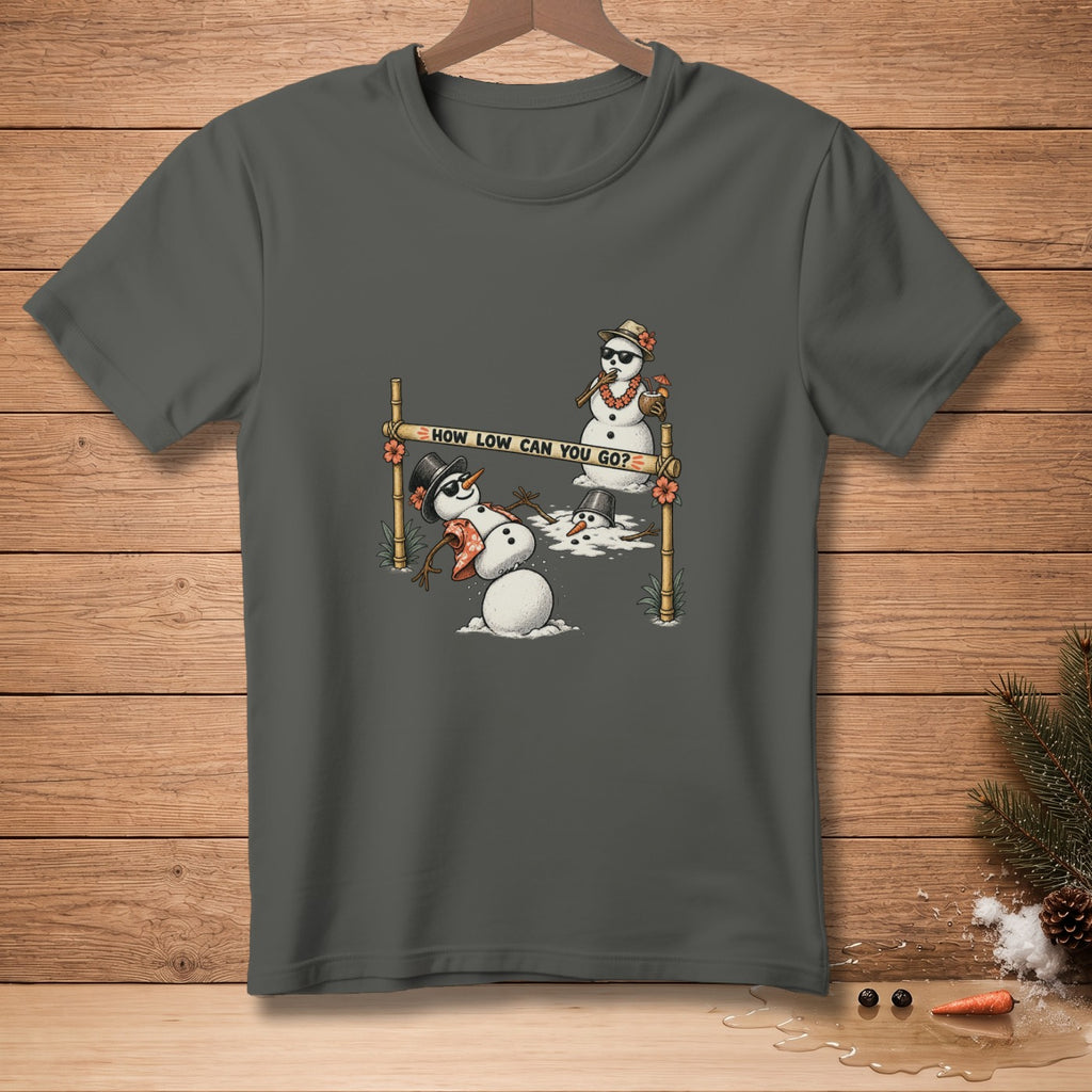 Snowman doing limbo under "HOW LOW CAN YOU GO?" text on a gray t-shirt.