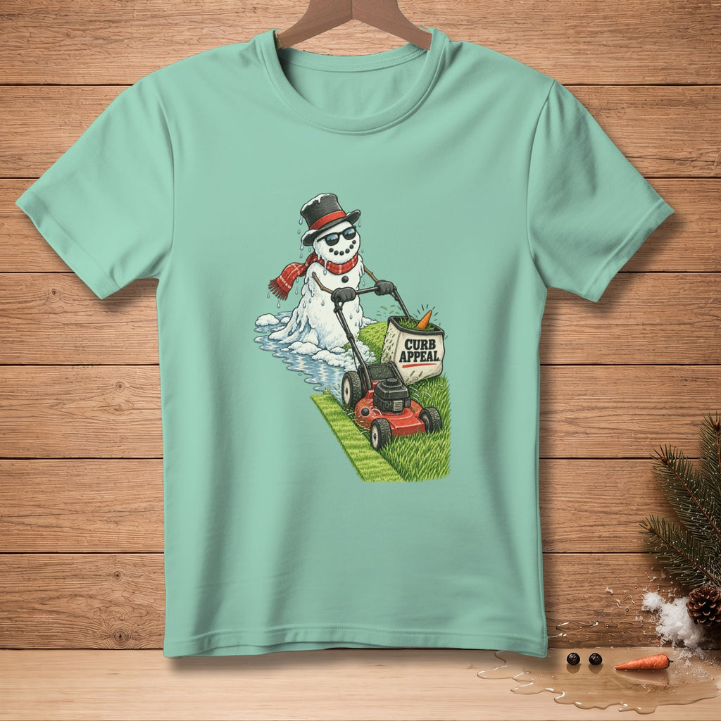 Snowman with sunglasses and scarf mowing lawn with a red mower and "Curb Appeal" bag.