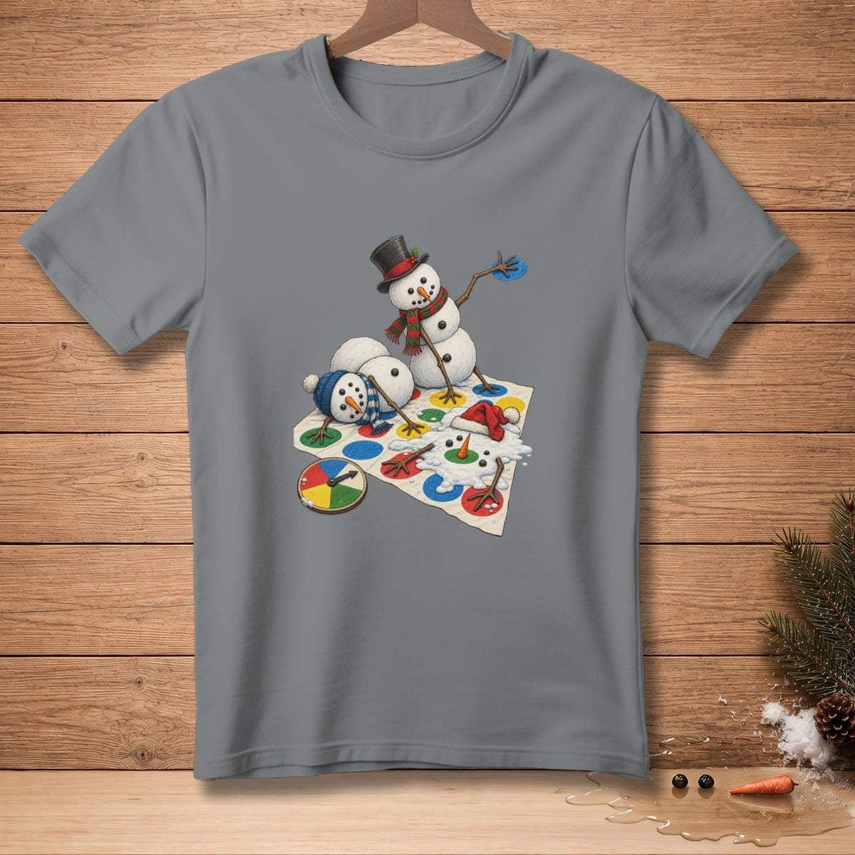 Snowmen playing Twister, one melting, with a red hat and carrot nose.
