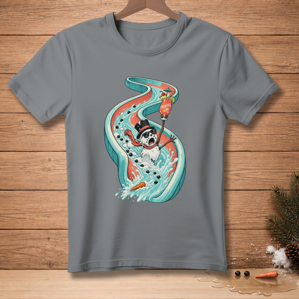 Snowman with sunglasses and top hat slides down water slide holding cocktail.