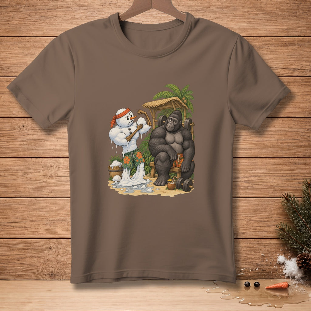 A muscular snowman and gorilla lift weights on a tropical beach.