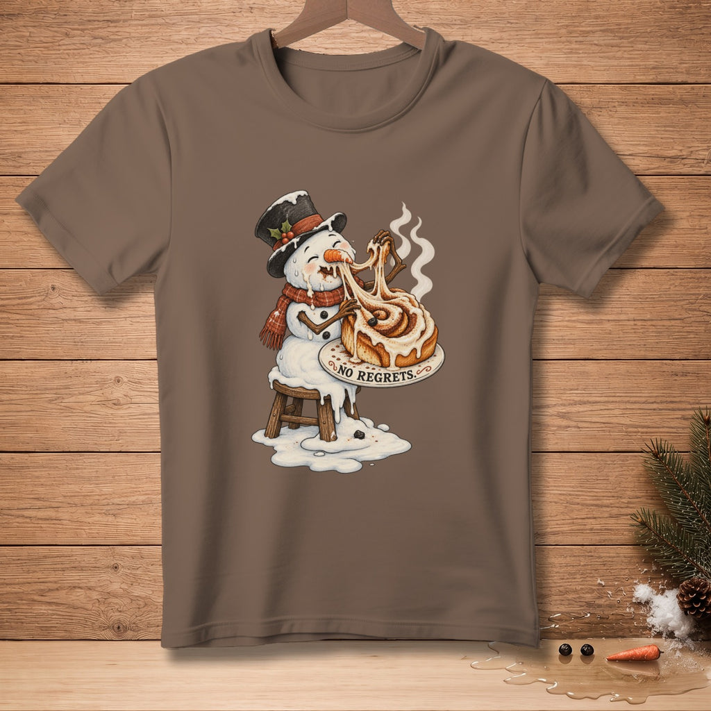 Melting snowman eating a giant cinnamon roll with "NO REGRETS" text.
