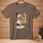 Melting snowman eating a giant cinnamon roll with "NO REGRETS" text.