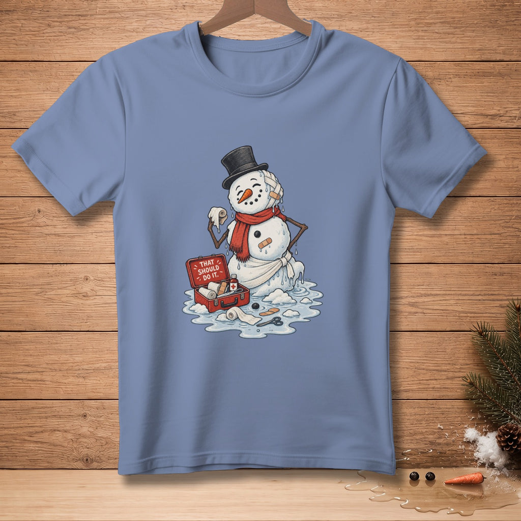 Melting snowman with bandages, a red first-aid kit, and scissors on a t-shirt.