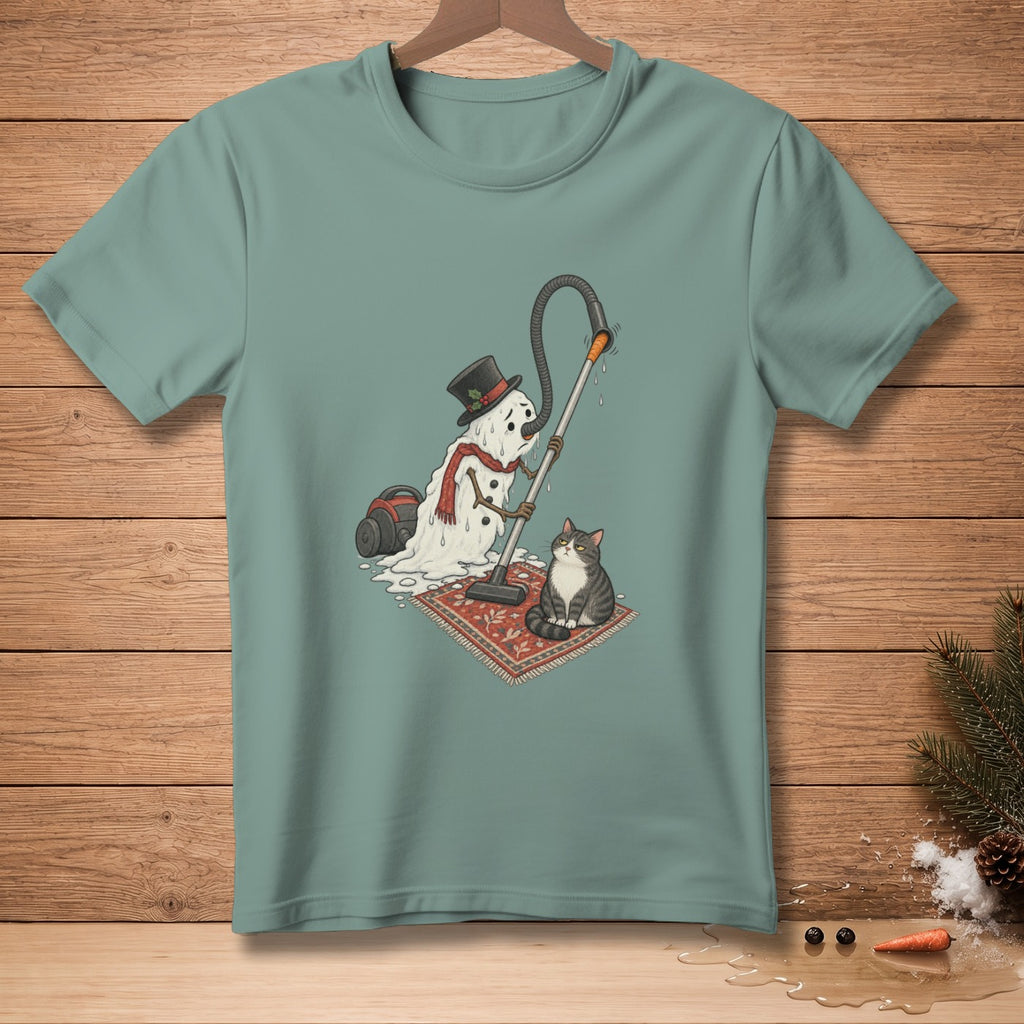 Melting snowman vacuuming, watched by a cat on a rug.
