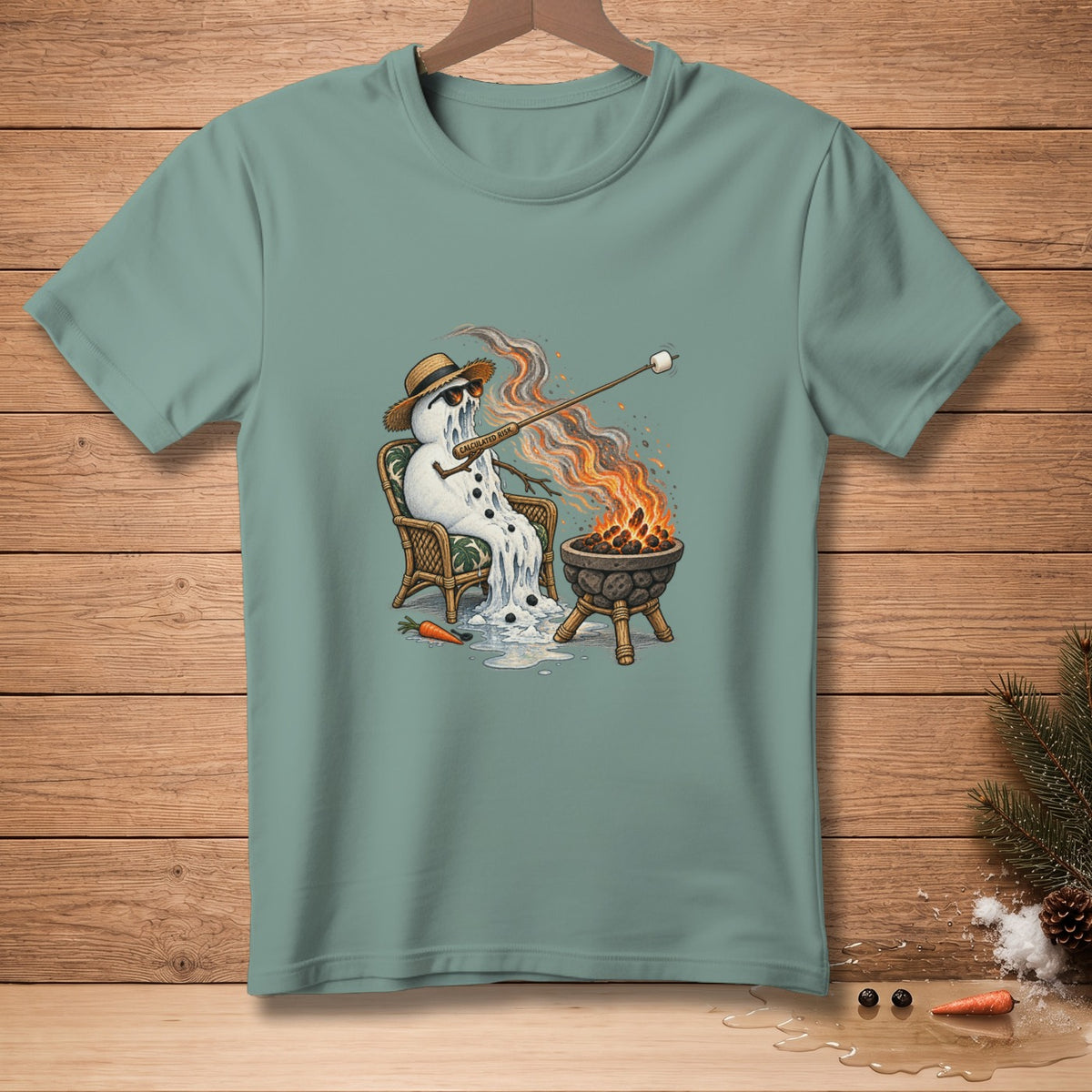 Melting snowman roasting marshmallow over a fire pit, text "CALCULATED RISK".