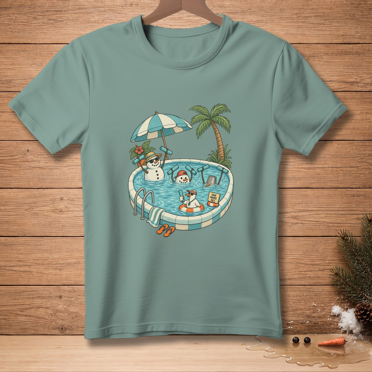 Snowmen with sunglasses relax in a swimming pool under a palm tree.