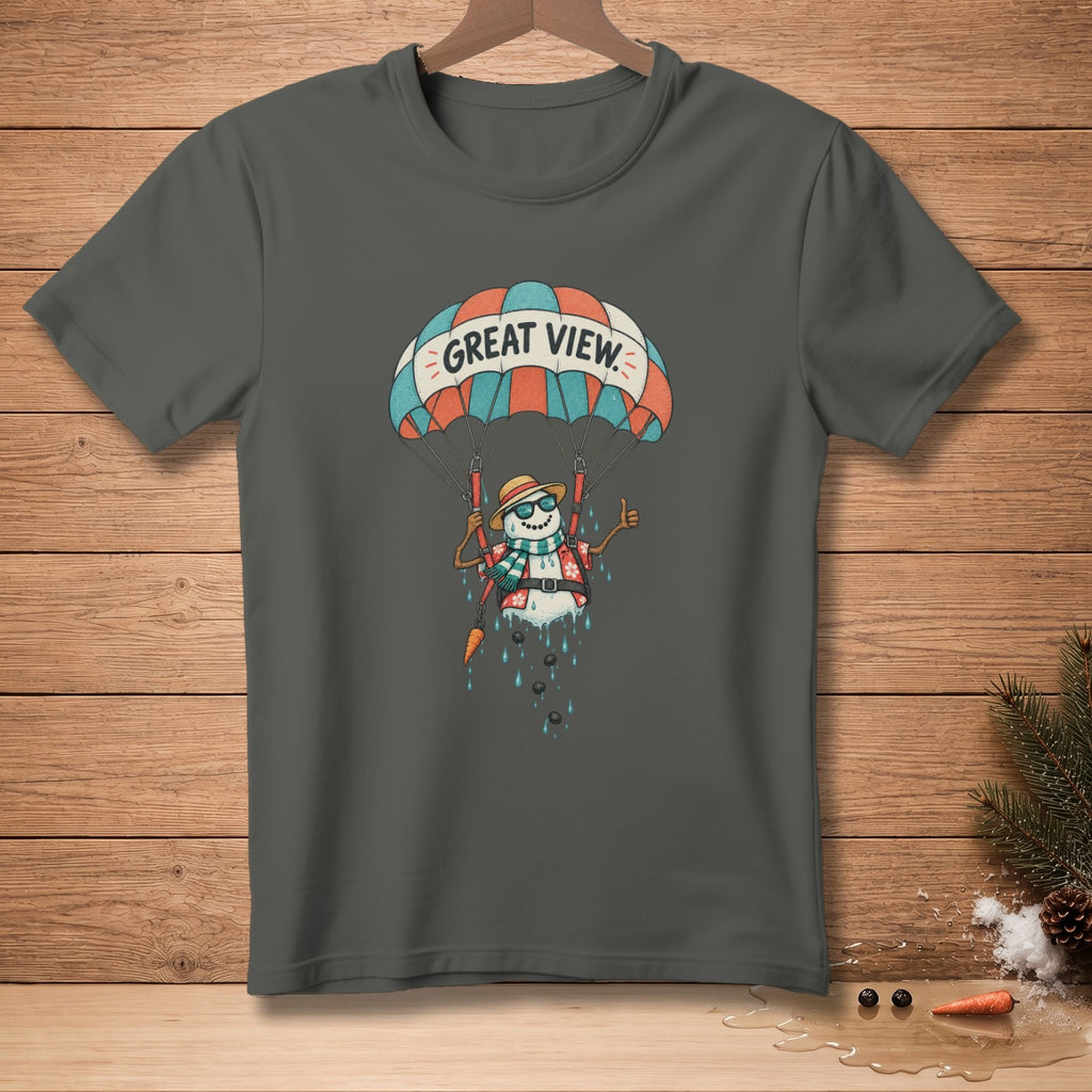 Snowman in a parachute with "Great View" text, giving a thumbs up.