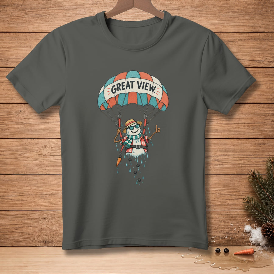 Snowman in a parachute with "Great View" text, giving a thumbs up.