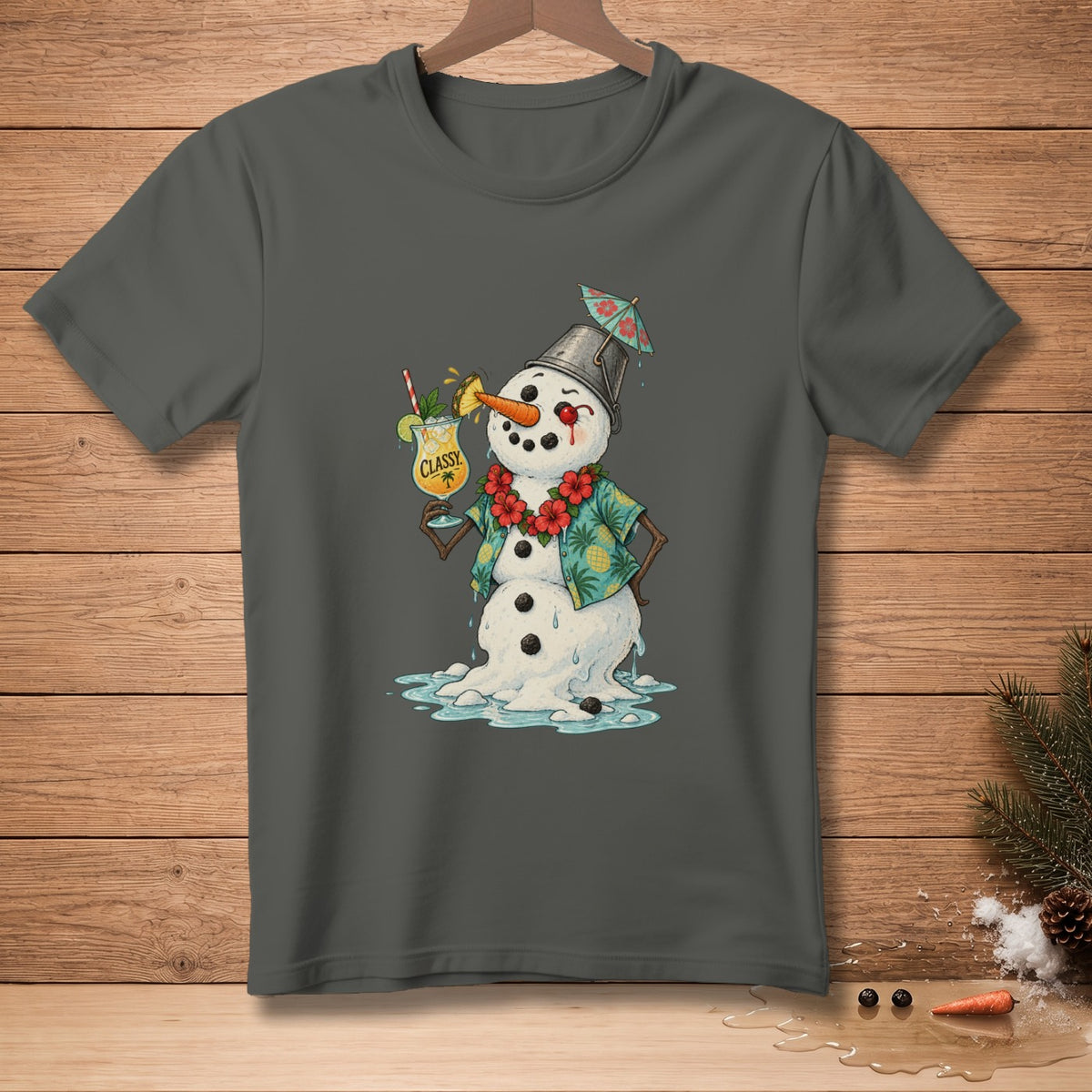 Melting snowman in a Hawaiian shirt holding a tropical drink with "Classy" text.