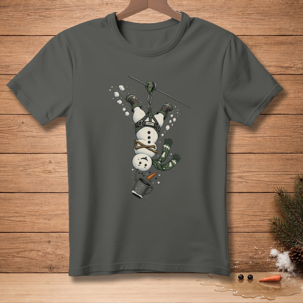 Upside down snowman on zipline, wearing scarf and gloves, spilling bucket.