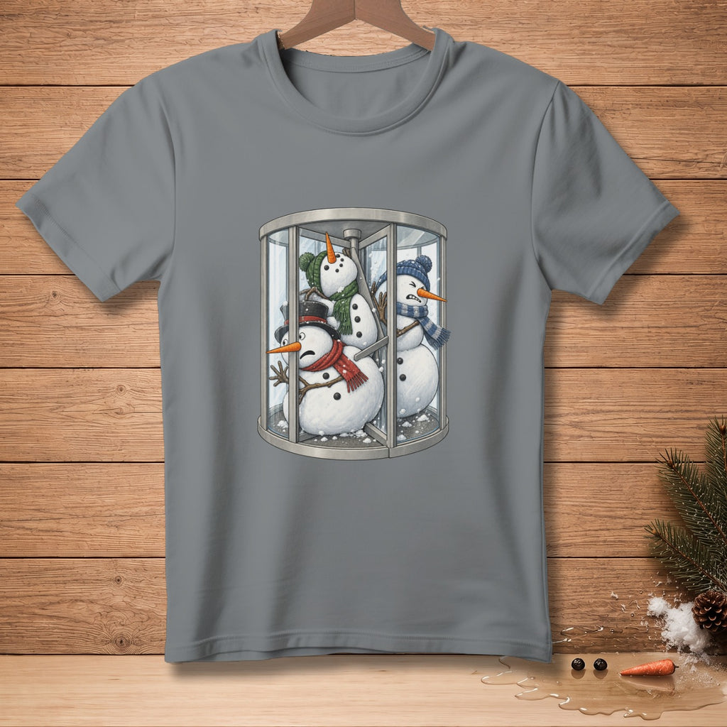 Three snowmen are crowded inside a revolving door.