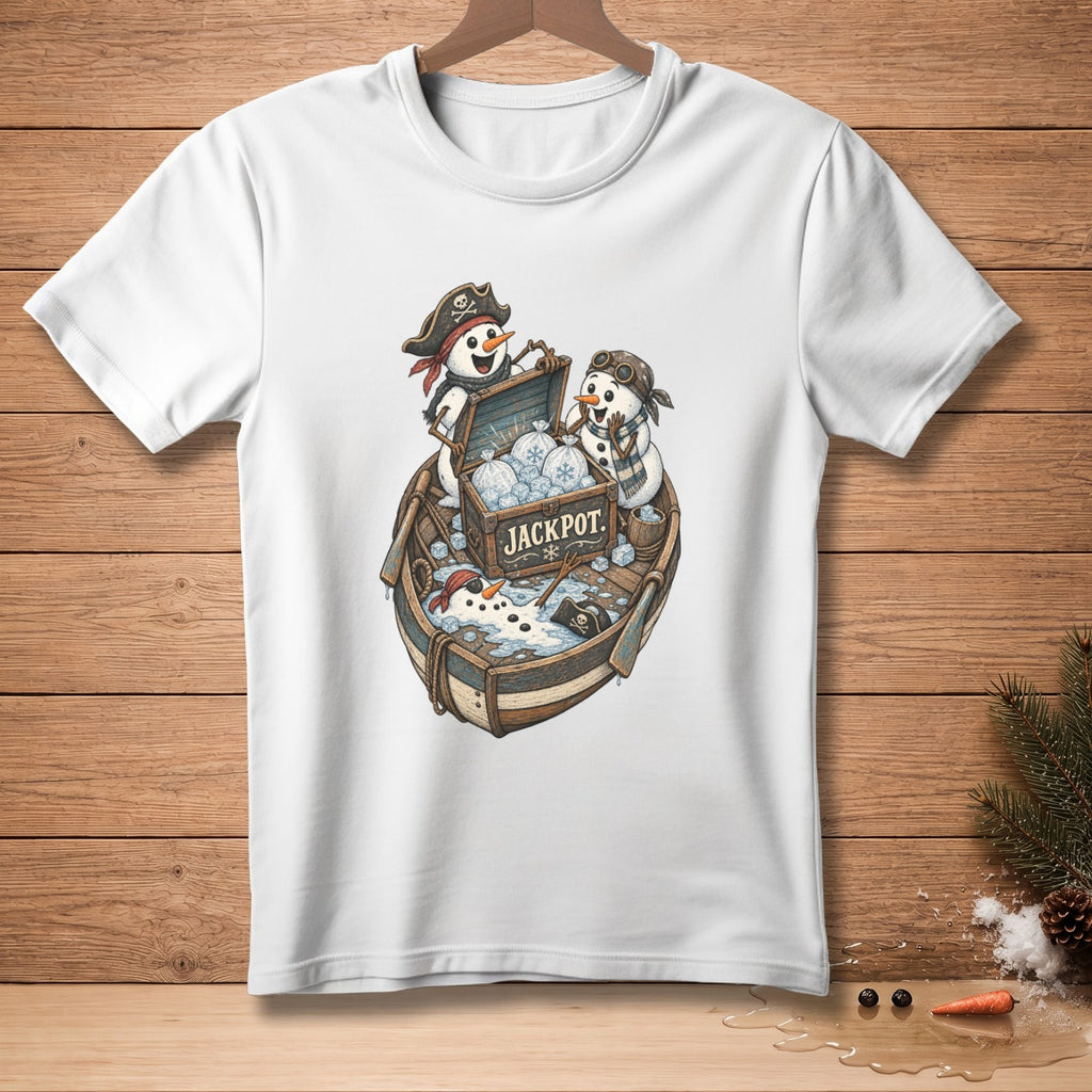 White t-shirt featuring snowmen in a boat with a treasure chest labeled "JACKPOT."