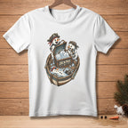 White t-shirt featuring snowmen in a boat with a treasure chest labeled "JACKPOT."