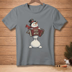 Gray t-shirt featuring a snowman playing an accordion with "Feel the Music" text.