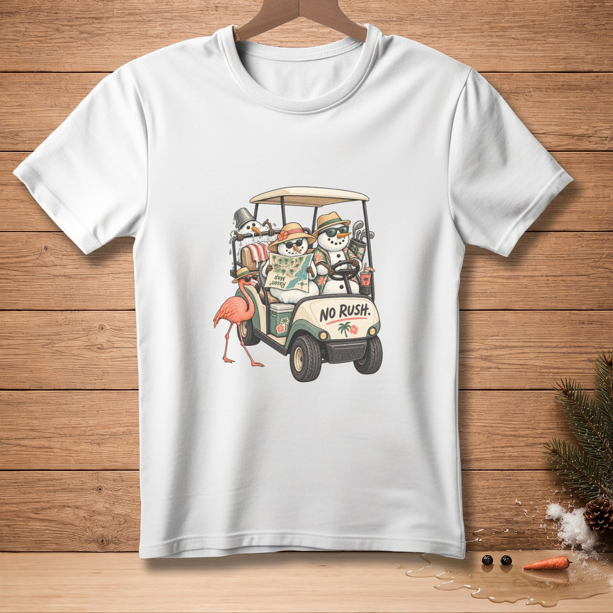 Snowmen in a golf cart with a flamingo, reading a map, with "NO RUSH." text.