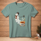 Melting snowman with a blowtorch caramelizing creme brûlée with "Chef's Kiss" text.