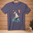 Snowman surfing and holding a drink that says "Save the Drink."