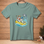 Snowmen wearing sunglasses ride a banana boat with a dolphin splashing water.