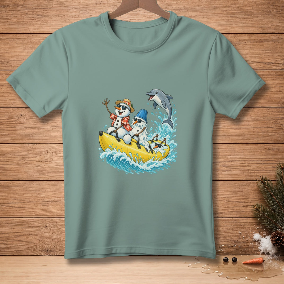 Snowmen wearing sunglasses ride a banana boat with a dolphin splashing water.