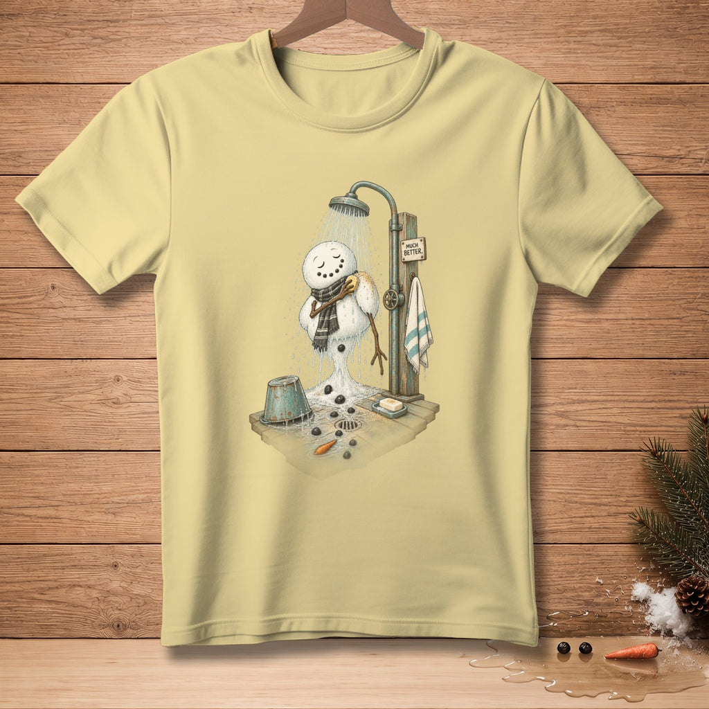 Illustration of melting snowman showering under shower head, with text "Much Better."