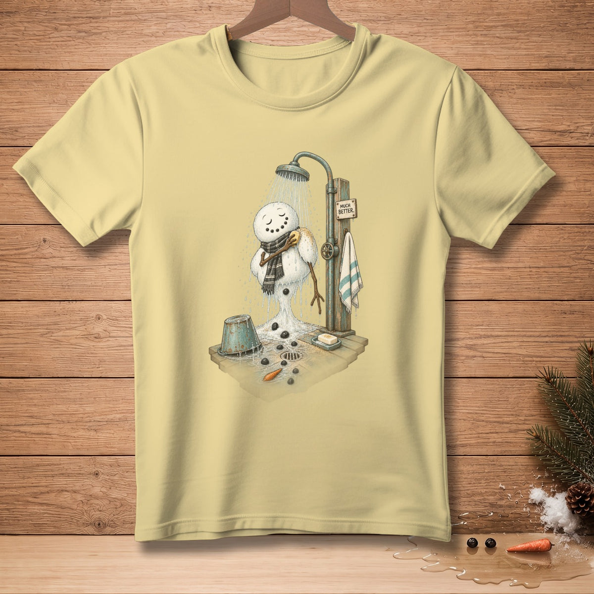 Illustration of melting snowman showering under shower head, with text "Much Better."
