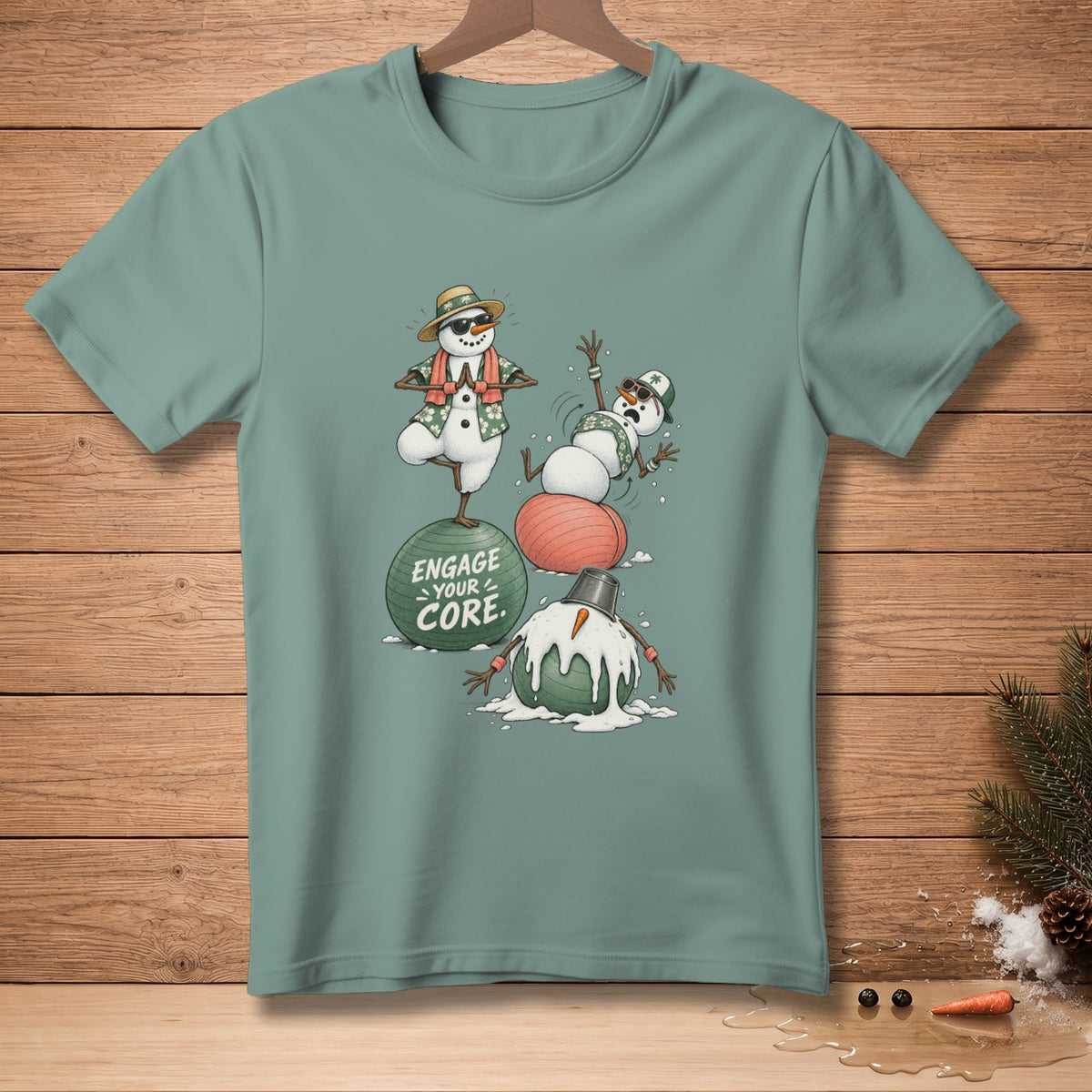 Three snowmen doing yoga and exercise on balls with text "Engage Your Core."