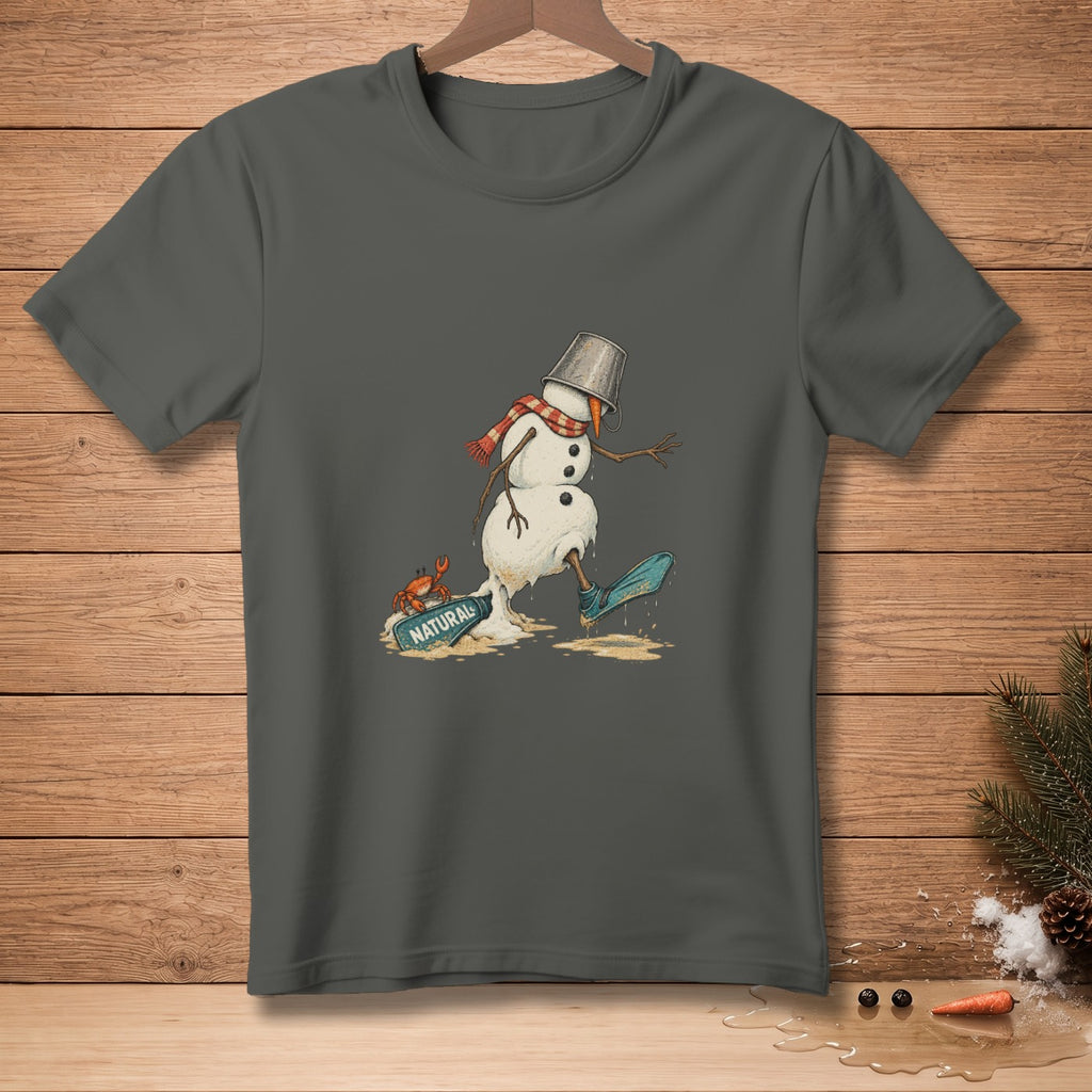 Melting snowman with bucket on head, scarf, and boot on skateboard, with crab and "NATURAL" sign.