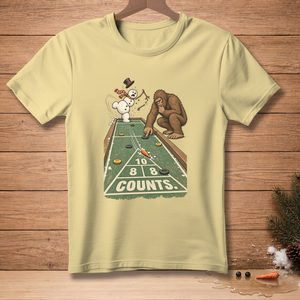 Snowman and Bigfoot play shuffleboard, text reads "10, 8, 8 Counts."