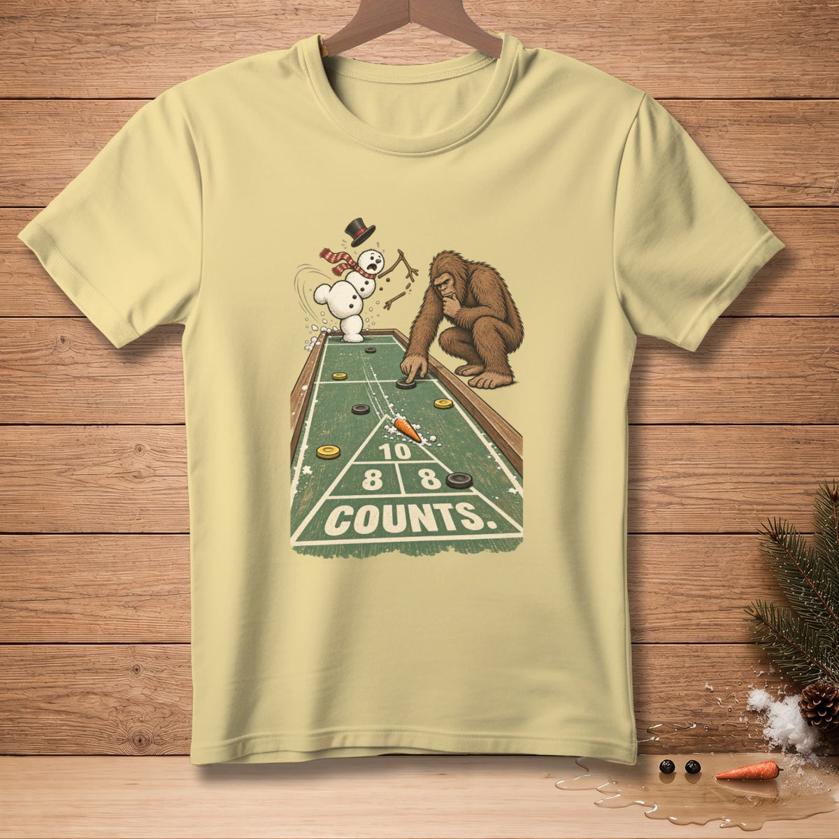 Snowman and Bigfoot play shuffleboard, text reads "10, 8, 8 Counts."