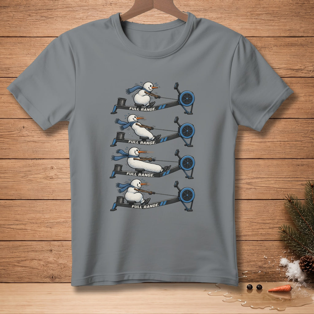 Four snowmen on rowing machines demonstrate different stages of a workout, with "FULL RANGE" text.