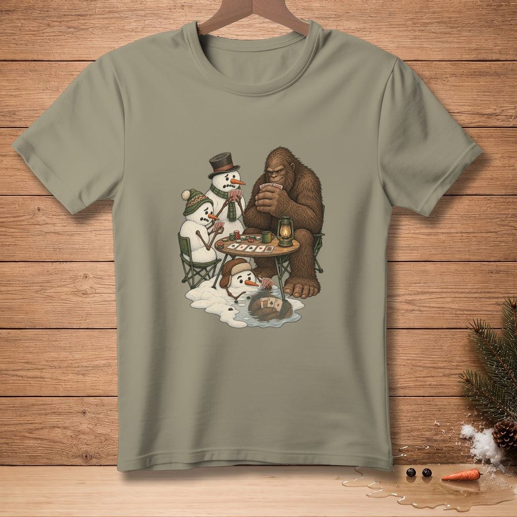 Bigfoot plays poker with snowmen around a table with cards and a lantern.