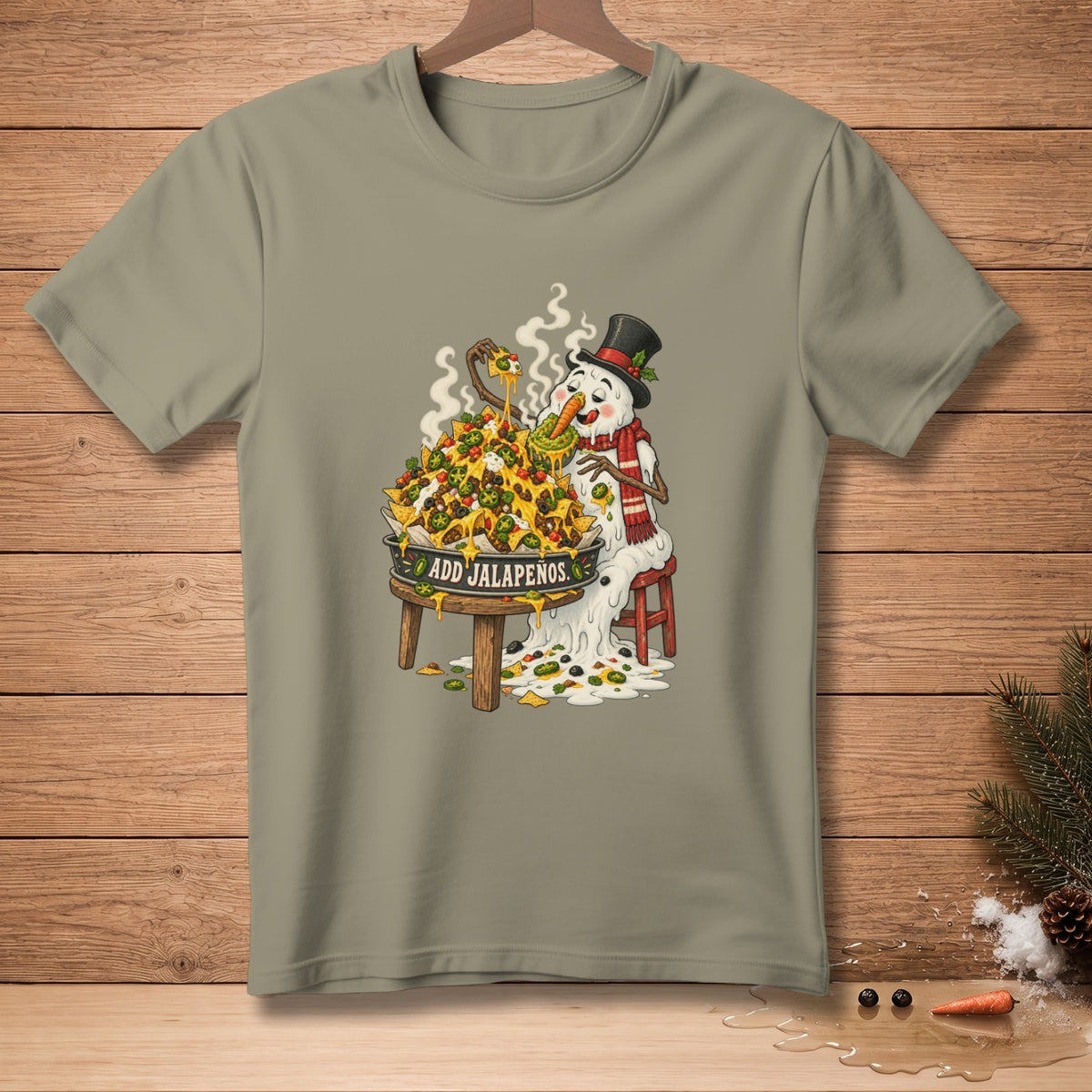 Snowman in top hat eating a huge pile of nachos with jalapeños and cheese.