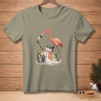 Flamingo and snowman with wine and champagne bucket on t-shirt.
