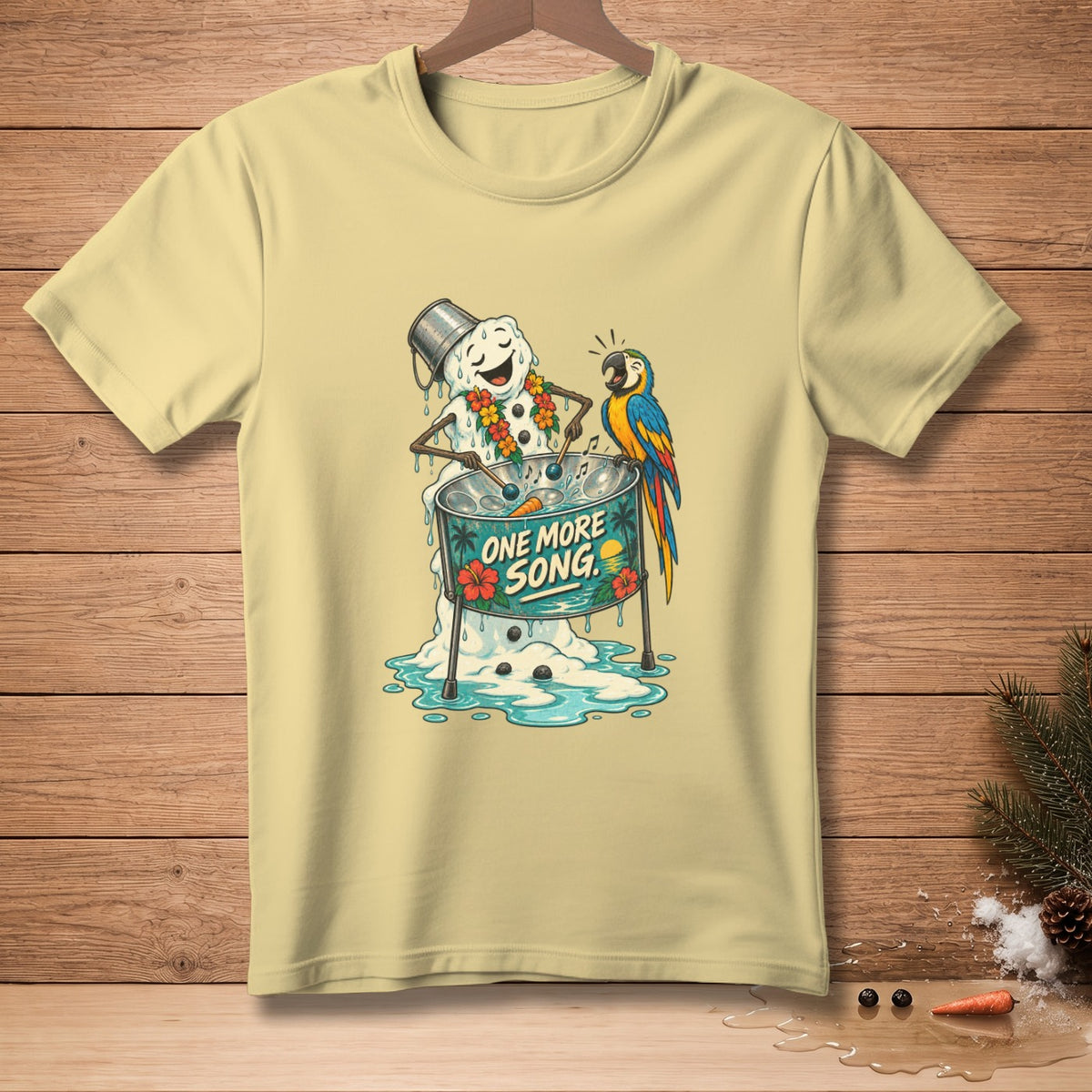 Melting snowman with parrot plays steel drum with "One More Song" text.
