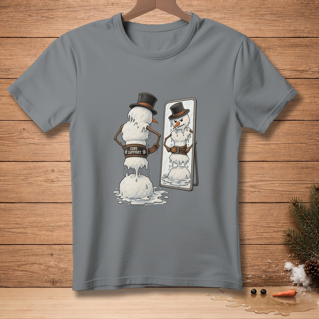 Melting snowman wearing a top hat and "Core Support" belt looks in mirror.