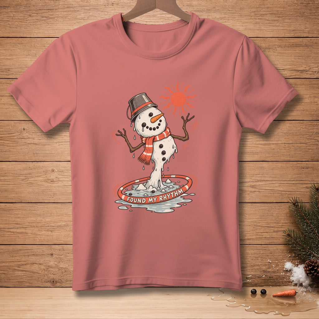 T-shirt with melting snowman hula hooping, text "FOUND MY RHYTHM."