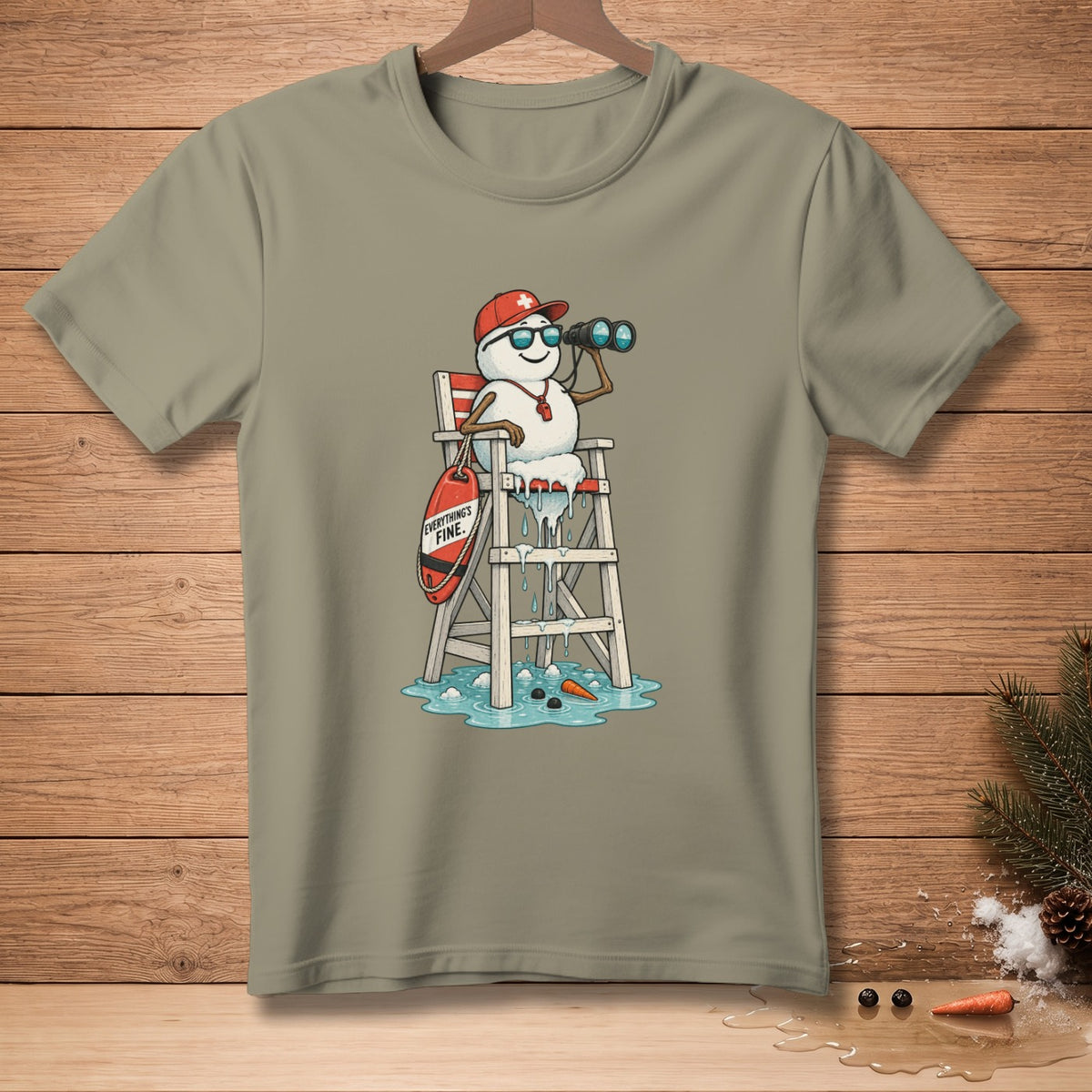 Snowman lifeguard in sunglasses and cap with binoculars and life preserver.