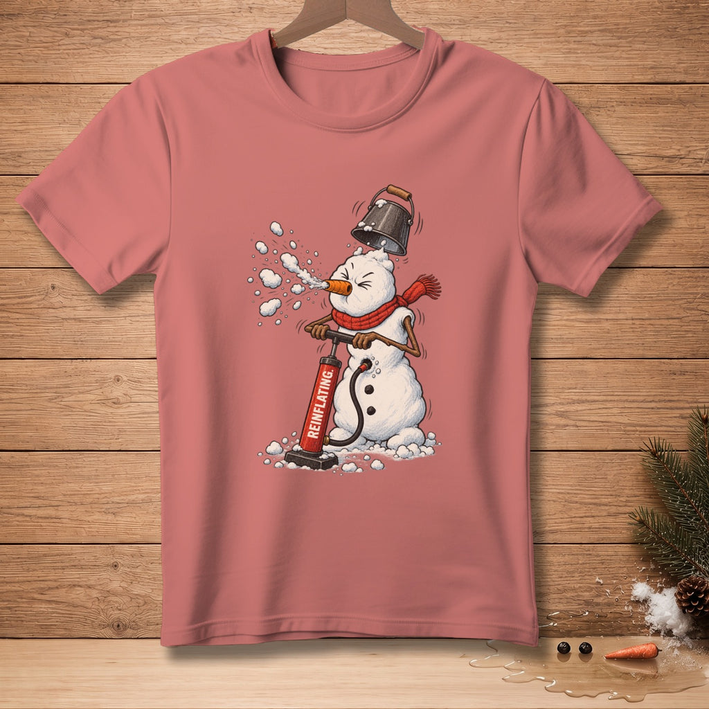 Snowman with bucket hat using a pump labeled "REINFLATING."