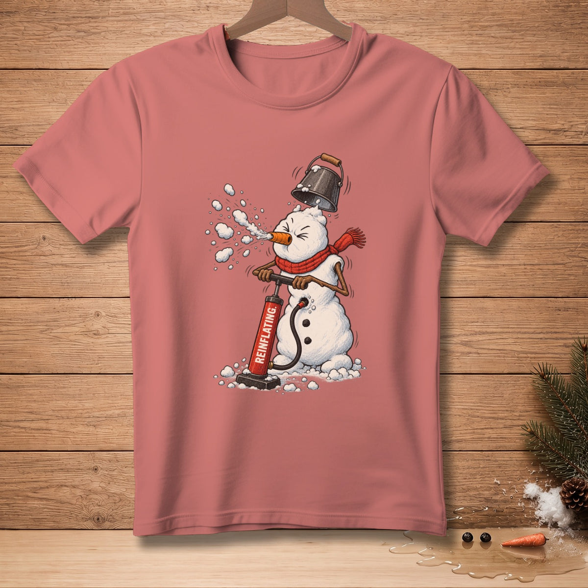 Snowman with bucket hat using a pump labeled "REINFLATING."