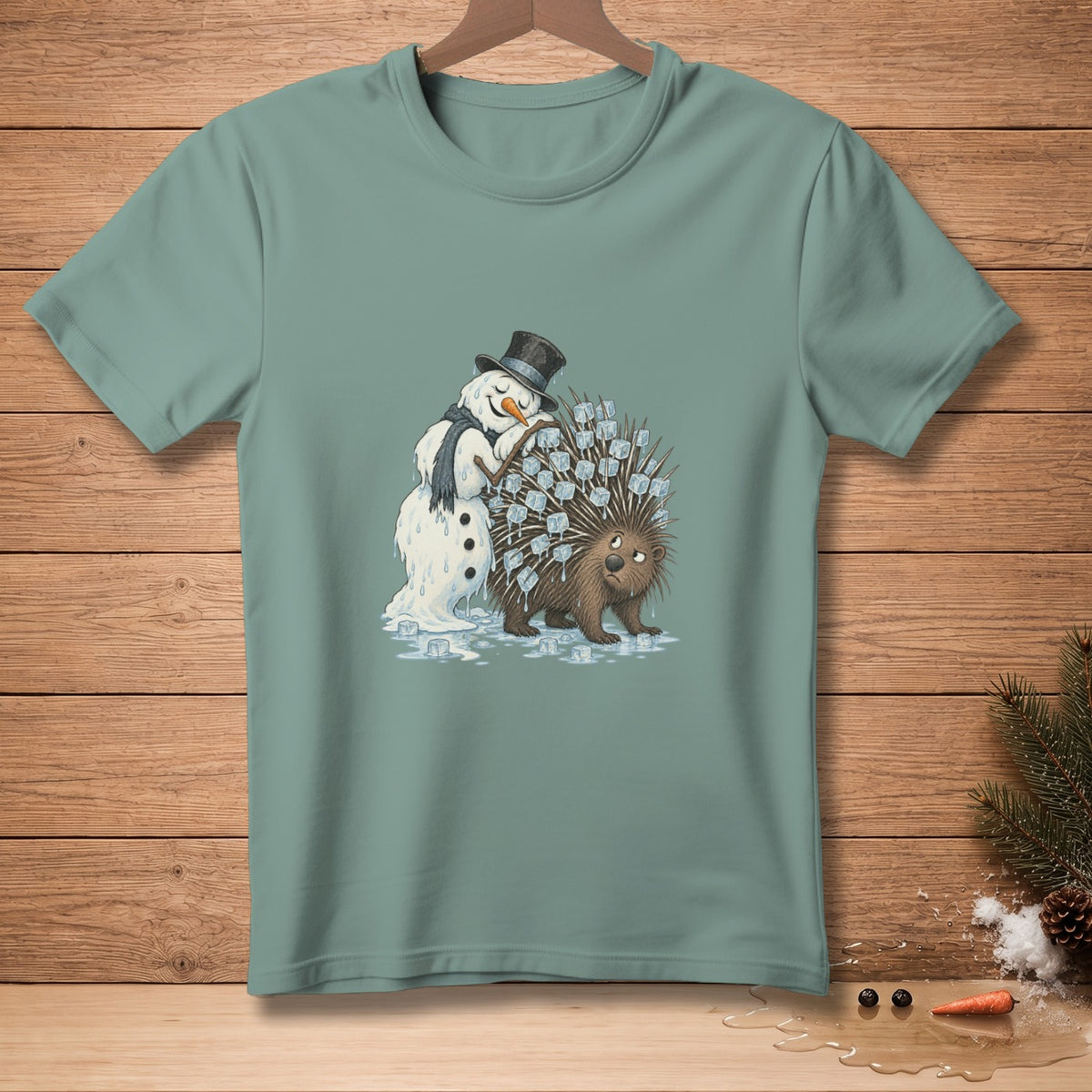 Snowman melting onto a porcupine covered in ice on a green t-shirt.