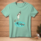 Snowman with bucket hat and scarf on diving board over pool with melting snowballs.