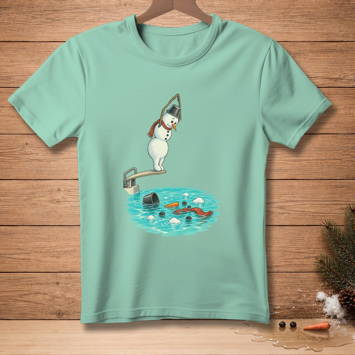 Snowman with bucket hat and scarf on diving board over pool with melting snowballs.